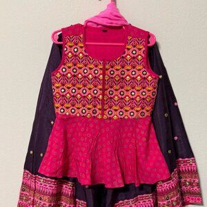 Girls Traditional Sleeveless Top, Lehenga Skirt & Dupatta Pink Purple Size 4-5